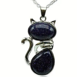 Blue Sandstone Natural Stone Cute Cat Pendant Necklace